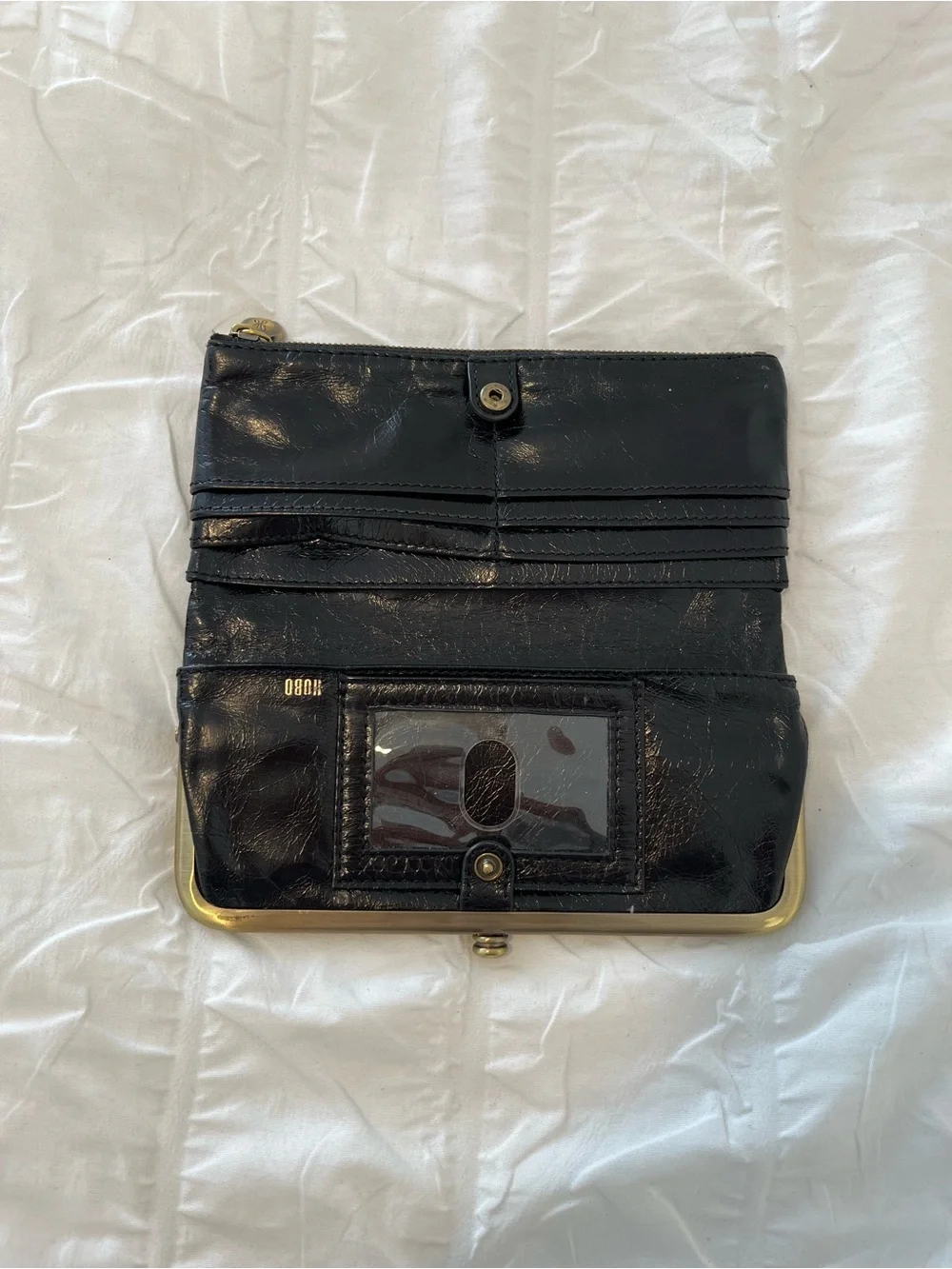 HOBO Black Leather Kiss-Lock Clutch Wallet with Gold-Tone Frame